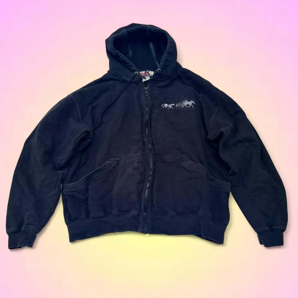 Vintage AOS Rodeo Embroidered Horse Full Zip Hoodie Black